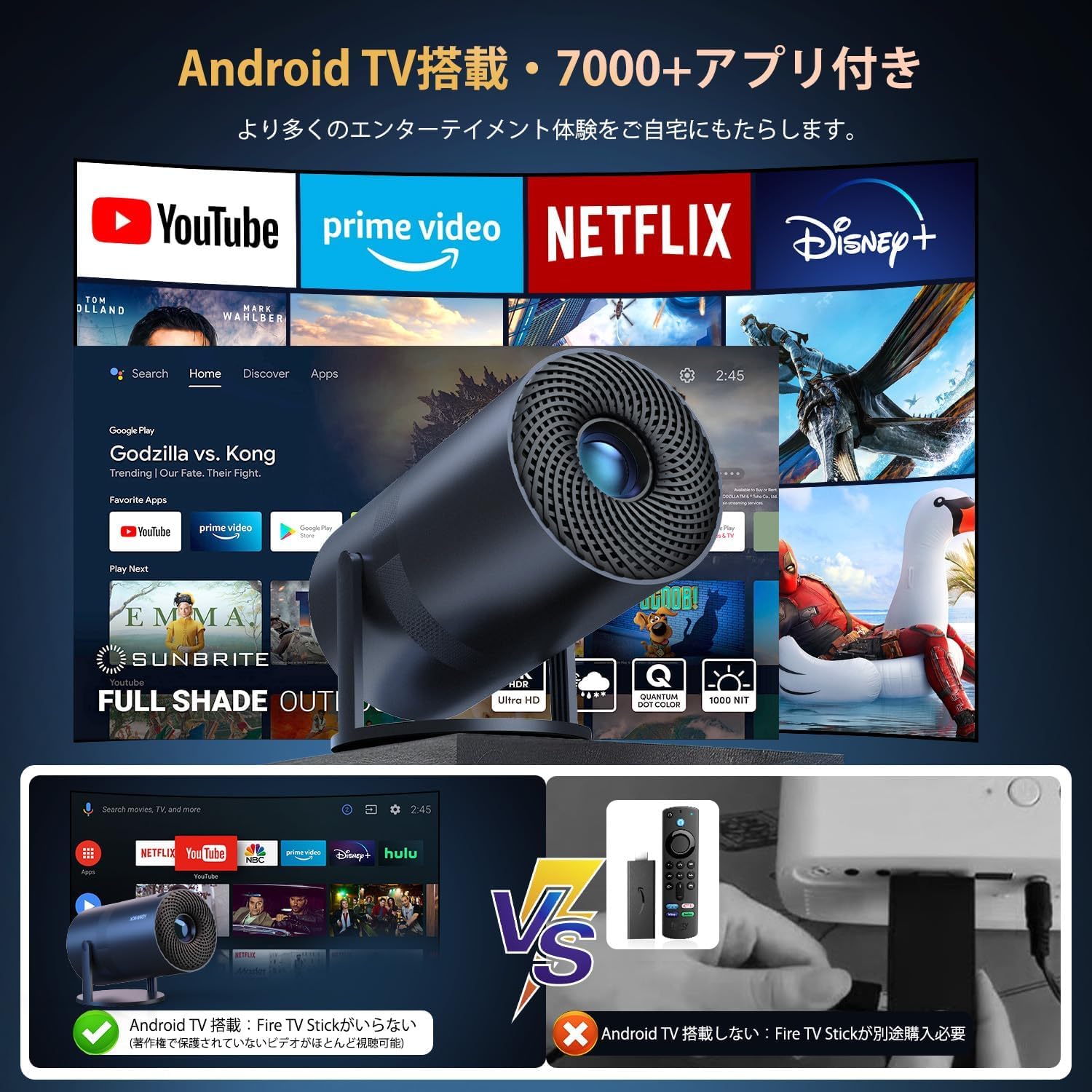 YOWHICK プロジェクター 家庭用 Android TV搭載 小型 27000LM 1080P